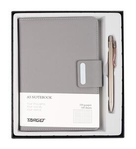 Poklon set, bilježnica A5 s kopčom i olovkom, siva