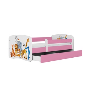 Drveni dječji krevet ŽIVOTINJSKO DRUŠTVO s ladicom - 160x80 cm rozi