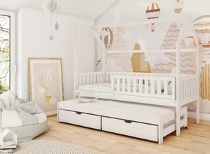 Drveni dječji krevet Monkey s dodatnim krevetom i ladicom - bijeli - 200x90 cm