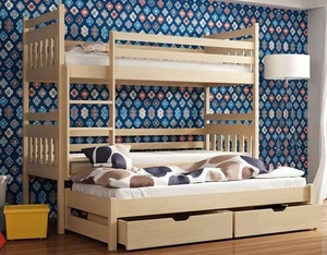 Drveni dječji krevet na kat Seweryn s tri kreveta i ladicom  - svijetlo drvo - 160x80 cm