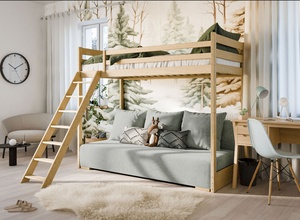Drveni dječji krevet na kat Sofino na razvlačenje - svijetlo drvo - 90x200/140x200 cm