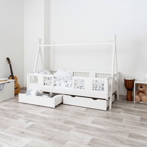 Drveni dječji krevet Luna Tipi - bijeli - 200x90 cm - S 2 ladice
