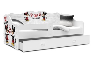 Drveni dječji krevet Neli s ladicom - MIKI i MINNIE - 160x80 cm bijeli - 8 cm PE madrac