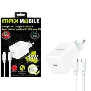 MaxMobile brzi kućni punjač, GaN, PD, 45W, USB-C + kabel RA