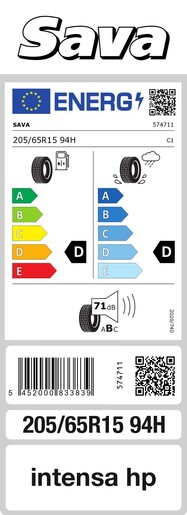 Sava 205/65R15 94H Intensa HP TL, Pot: E, Pri: E, Buka: 71 dB