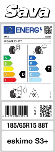 Sava 185/65R15 88T Eskimo S3+ MS TL, Pot: D, Pri: C, Buka: 71 dB