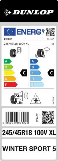 Dunlop 245/45R18 100V Winter Sport 5 XL MFS TL, Pot: C, Pri: C, Buka: 72 dB
