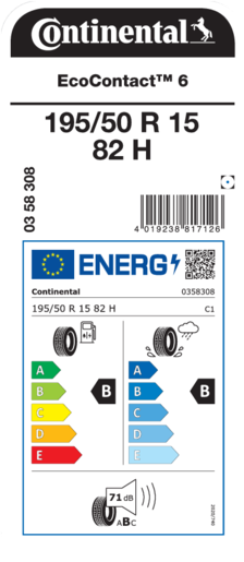Continental 195/50R15 82H EcoContact 6 TL, Pot:B,Pri:B,Buka: 71 dB