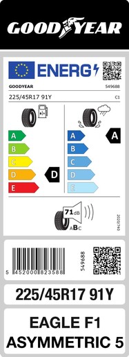 Goodyear 225/45R17 91Y Eagle F1 Asymetric 5 FP TL, Pot: E, Pri: A, Buka: 72 dB