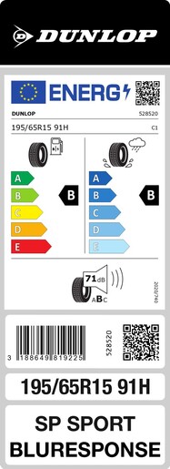Dunlop 195/65R15 91H Sport BluResponse TL, Pot: B, Pri: A, Buka: 68 dB
