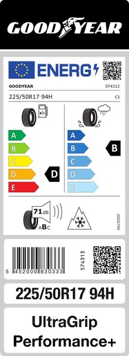Goodyear 225/50R17 94H UltraGrip Performance+ FP, Pot: E, Pri: B, Buka: 71 dB