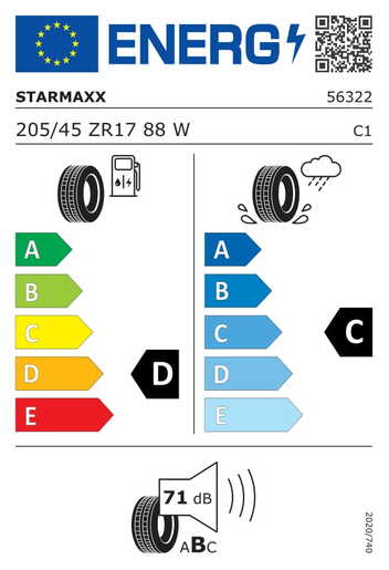 Starmaxx 205/45R17 88W XL ULTRASPORT ST760 TL, Pot: C, Pri: C, Buka: 71 dB