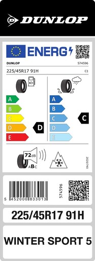Dunlop 225/45R17 91H Winter Sport 5 MFS TL, Pot: D, Pri: C, Buka: 72 dB