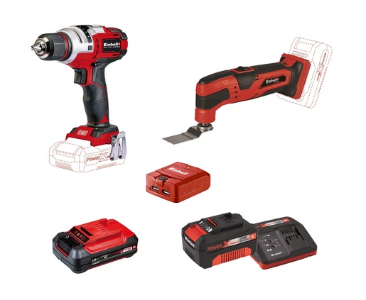 EINHELL set akumulatorska bušilica TE-CD 18 Li E + višenamjenski alat TC-MG 18 Li + Starter Kit 3,0 Ah + 2,6 Ah baterija + USB - Power X-Change