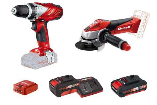 EINHELL set akumulatorska bušilica TE-CD 18 Li + akumulatorska kutna brusilica TE-AG 18/115 Li + USB prijenosni adapter  + 3,0 Ah Starter Kit + 2,0 Ah baterija - Power X-Change