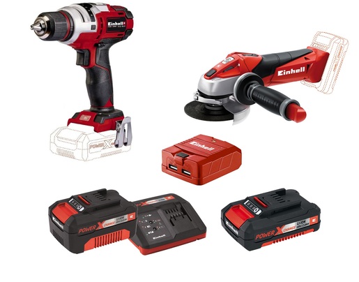 EINHELL set akumulatorska bušilica TE-CD 18 Li E + akumulatorska kutna brusilica TE-AG 18/115 Li + USB prijenosni adapter  + 3,0 Ah Starter Kit + 2,0 Ah baterija - Power X-Change