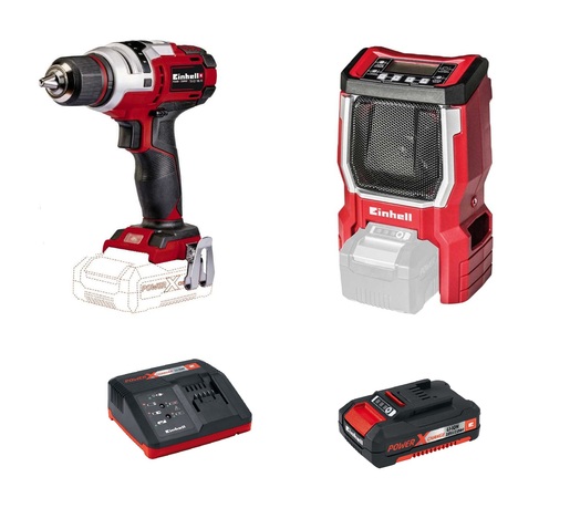 EINHELL set akumulatorska bušilica TE-CD 18 Li E + akumulatorski radio TE-CR 18 Li + 2,0 Ah baterija + punjač 18V 30 min - Power X-Change