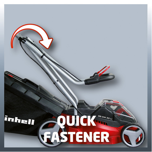 EINHELL akumulatorska kosilica GE-CM 33 Li Kit Power X-Change, sa 2 baterije 2,0 Ah Li-ion i 2 punjača (33 cm širina reza, 25 -65 mm visina reza, 30 L košara)