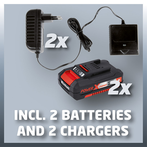 EINHELL akumulatorska kosilica GE-CM 33 Li Kit Power X-Change, sa 2 baterije 2,0 Ah Li-ion i 2 punjača (33 cm širina reza, 25 -65 mm visina reza, 30 L košara)