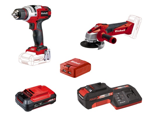 EINHELL set akumulatorska bušilica TE-CD 18 Li E + kutna brusilica TC-AG 18/115 L + Starter Kit 3,0 Ah + 2,6 Ah baterija + USB adapter - Power X-Change