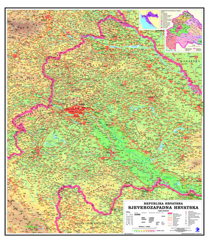 Karta Središnja Hrvatska, fizička 1:130 000
