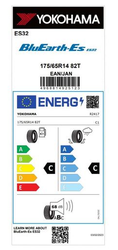 Yokohama 175/65R14 82T BluEarth ES-32, Pot: C, Pri: C, Buka: 68 dB