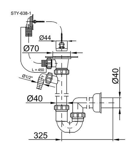 STYRON sifon za jednodijelni sudoper s priključkom za perilicu - 70 mm