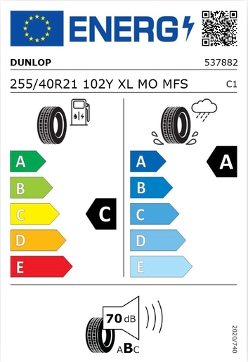 Dunlop 255/40R21 Sport Maxx RT2 102Y XL MO MFS,Pot: C,Pri: A,Buka: 70 dB