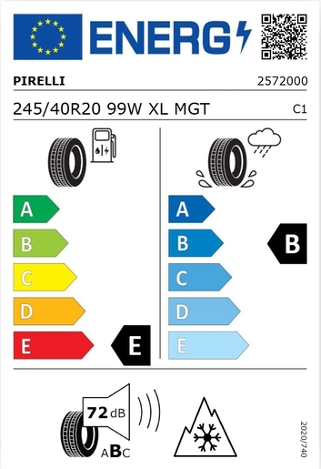 Pirelli 245/40R20 Winter Sottozero 3 99W XL MGT,Pot: E,Pri: B,Buka: 72 dB