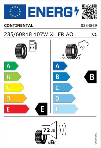 Continental 235/60R18 CROSSCONTACT UHP 107W XL FR AO,Pot: E,Pri: B,Buka: 72 dB