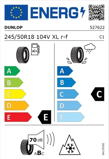 Dunlop 245/50R18 SPORT 4D 104V XL,Pot: E,Pri: C,Buka: 70 dB