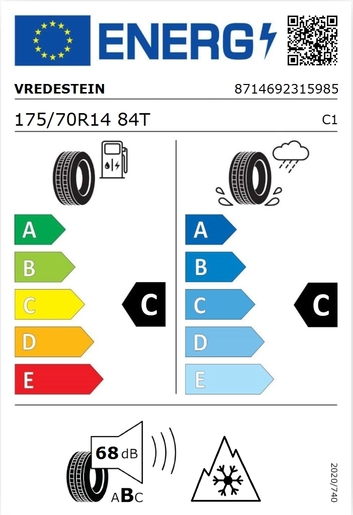 Vredestein 175/70R14 QUATRAC 5 84T,Pot: C,Pri: C,Buka: 68 dB