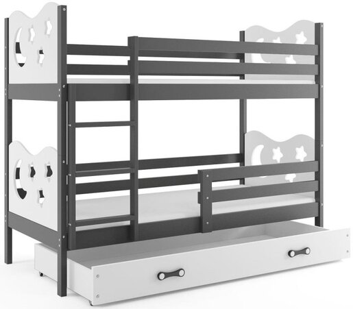 Drveni dječji krevet na kat Max s ladicom – 190*80cm – grafit - bijeli