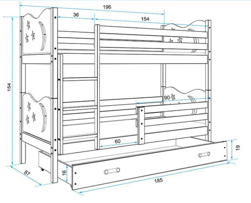 Drveni dječji krevet na kat Max s ladicom – 190*80cm - bijeli - bijeli