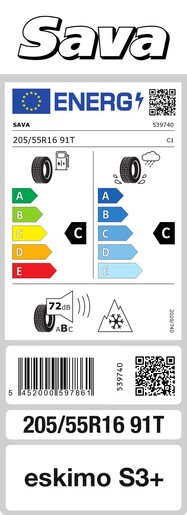 Sava 205/55R16 91T Eskimo S3+ MS TL, Pot: C, Pri: C, Buka: 71 dB