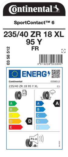 Continental 235/40R18 95Y SportContact 6 XL FR TL, Pot: E, Pri: A, Buka: 71 dB