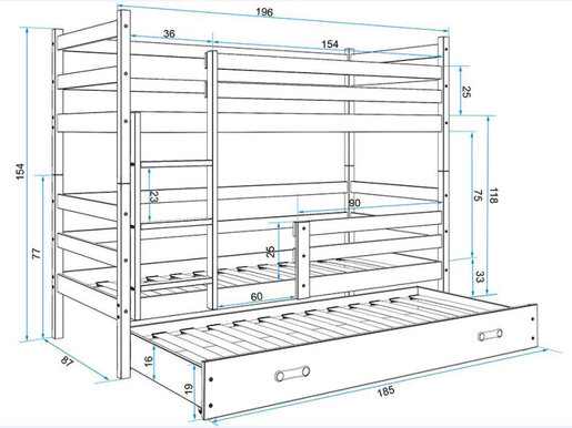 Drveni dječji krevet na kat Erik s tri kreveta -190x80 - svijetlo drvo-bijeli
