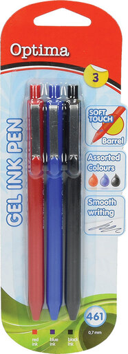 Gel pen 0,7, OPTIMA, Soft Touch, plava + crna + crvena