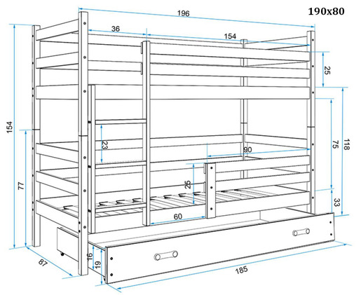 Drveni dječji krevet na kat Rico s ladicom 190*80 cm - bijeli