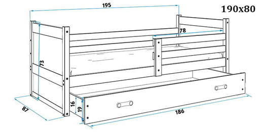 Drveni dječji krevet Rico 190*80 cm - sivi - bijeli