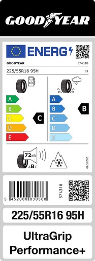 Goodyear 225/55R16 95H UltraGrip Performance+ FP, Pot: C, Pri: B, Buka: 72 dB