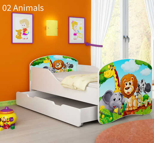 Dječji krevet ACMA s motivom, bočna bijela + ladica 180x80 02 Animals