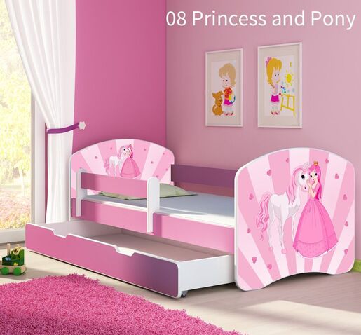 Dječji krevet ACMA s motivom, bočna roza + ladica   160x80 08 Princess with Pony