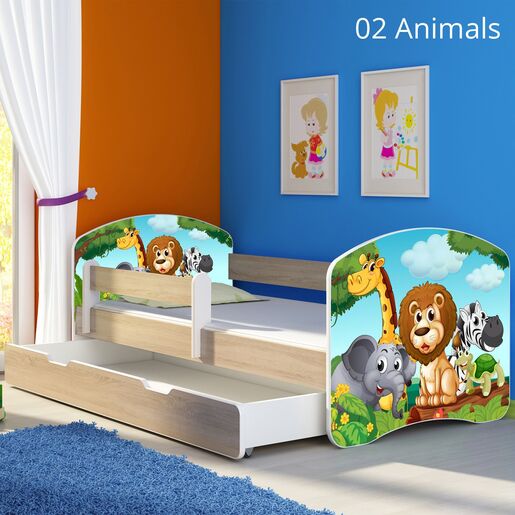 Dječji krevet ACMA s motivom, bočna sonoma + ladica   180x80 02 Animals