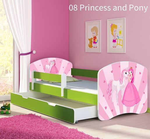 Dječji krevet ACMA s motivom, bočna zelena + ladica   140x70 08 Princess with Pony