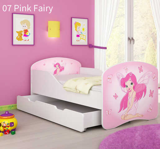 Dječji krevet ACMA s motivom, bočna bijela + ladica 180x80 07 Pink Fairy