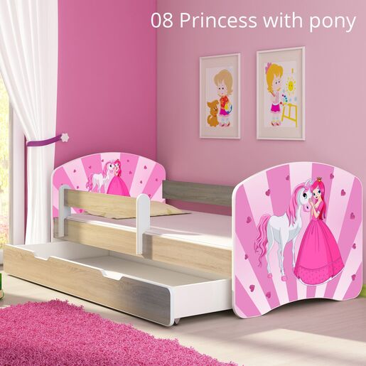 Dječji krevet ACMA s motivom, bočna sonoma + ladica   160x80 08 Princess with Pony