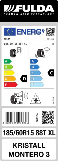 Fulda 185/60R15 88T Kristall Montero 3 XL MS TL .Pot: E, Pri: C, Buka: 71 dB