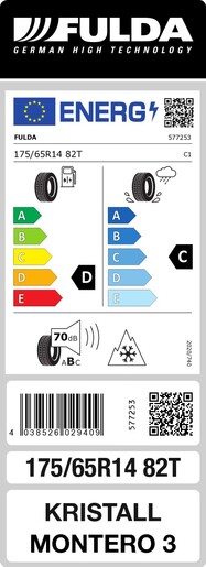 Fulda 175/65R14 82T Kristall Montero 3 MS TL .Pot: E, Pri: C, Buka: 70 dB