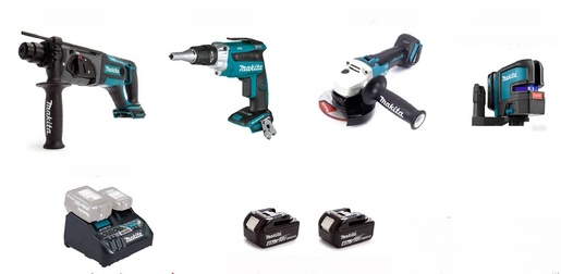 Makita akumulatorski set za knaufere 3 (DHR241Z + DFS452Z + DGA504Z + SK105DZ + BL1021B + DC18RE + GRATIS 2 x 18V 4,0 Ah)